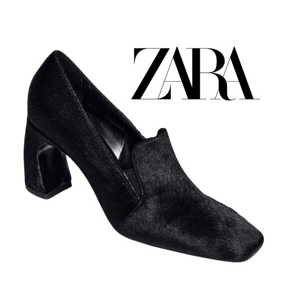 Zara, Hair Fur Curved Block Heel Square Toe Heels, Black - Picture 1 of 10